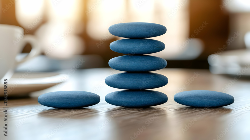 Balanced stones on office desk, calm background