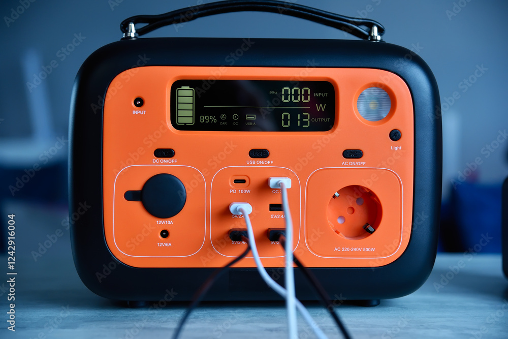 Fototapeta premium Portable charging station with black and white usb cables connected.