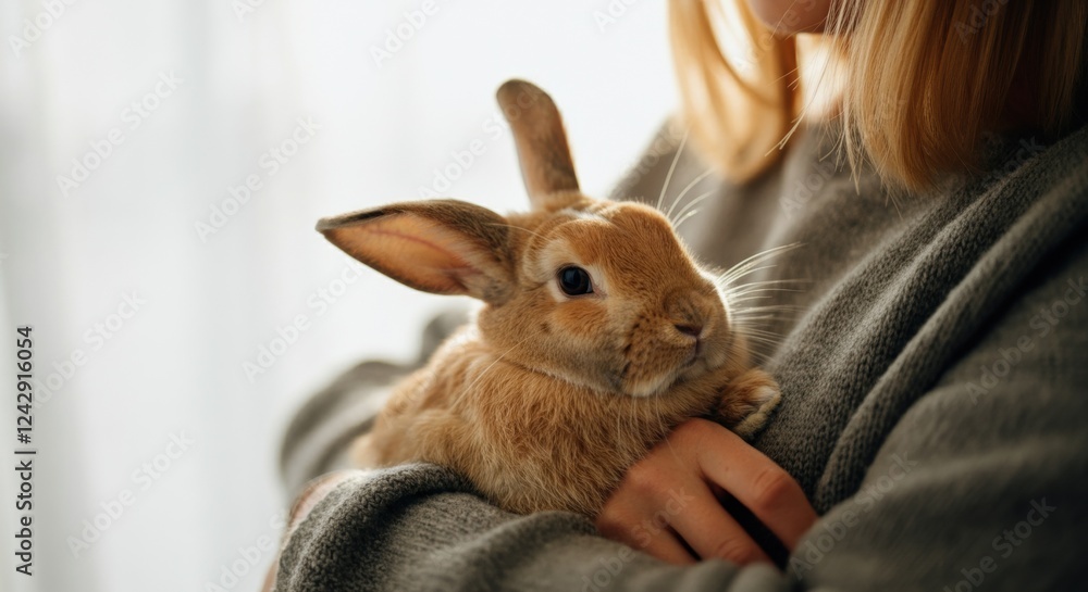 Woman cradling cute brown rabbit in cozy sweater indoors Woman cradling cute brown rabbit in cozy sweater indoors