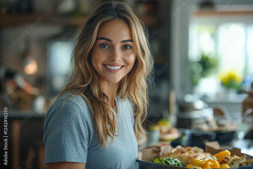 Young woman smiling while preparing fresh meals in a cozy kitchen during daylight hours Young woman smiling while preparing fresh meals in a cozy kitchen during daylight hours