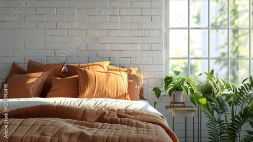 Obraz na płótnie Sunlit Bedroom With Orange Bedding and several throw pillows, and potted plants situated near a window. w salonie