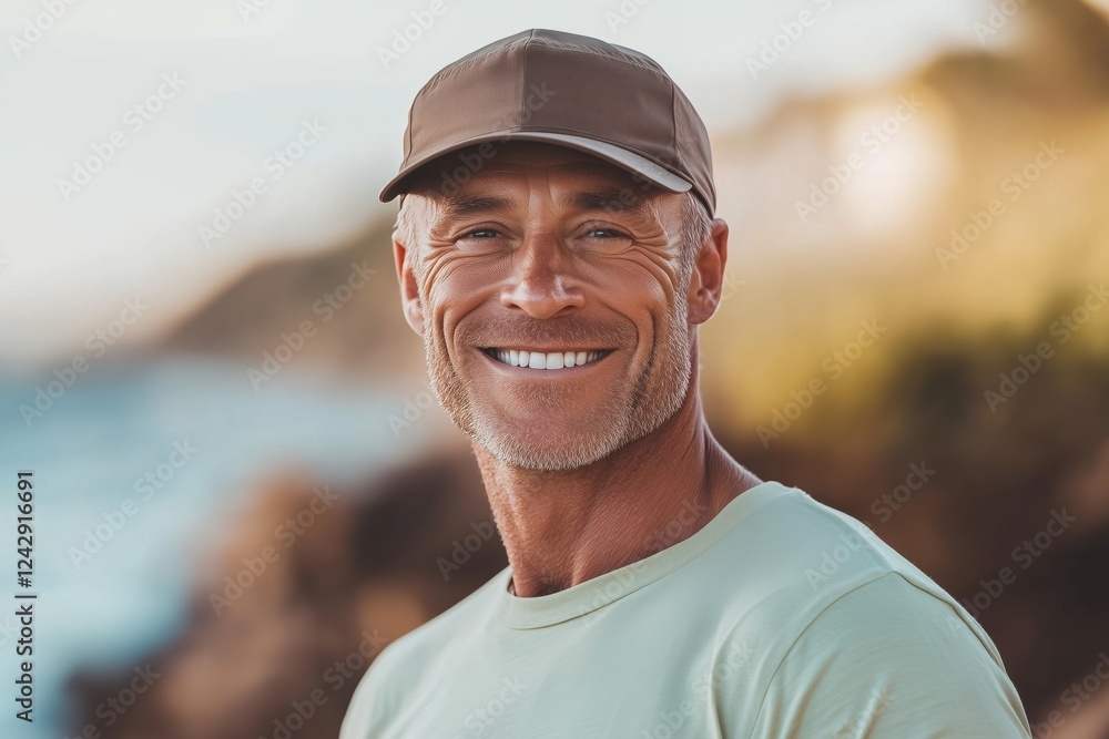 A middle-aged man wearing a cap and smiling against a blurred outdoor background. A middle-aged man wearing a cap and smiling against a blurred outdoor background.