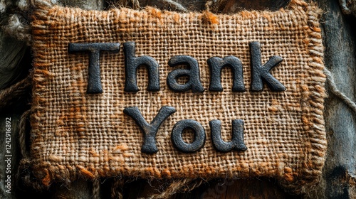 A rustic 'Thank You' sign made from burlap and wood, conveying gratitude in a heartwarming and charming way. Perfect for home decor or as a thoughtful gift. photo