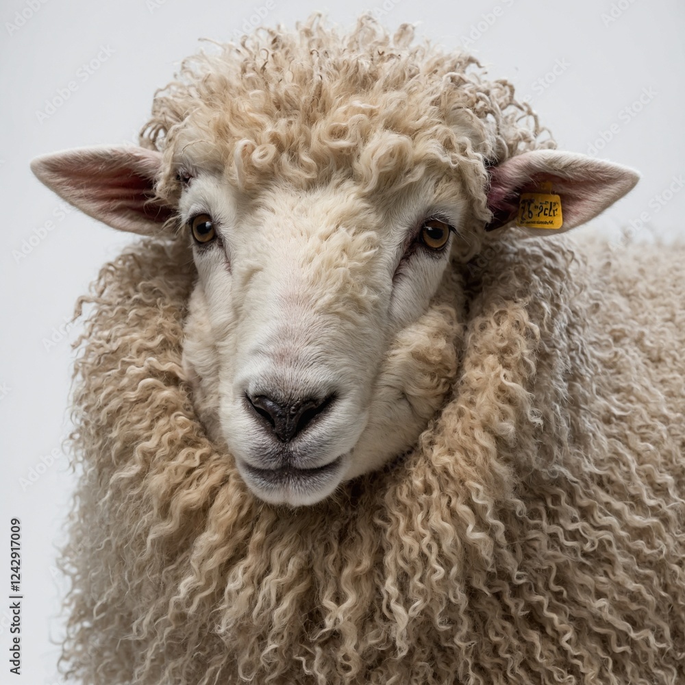 A sheep with thick, curly wool looking directly at the camera against a white background. A sheep with thick, curly wool looking directly at the camera against a white background.