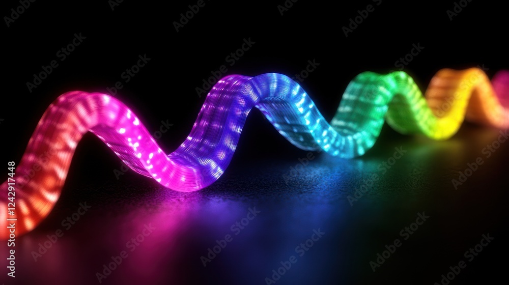 Rainbow colored light ribbon swirls across dark background Rainbow colored light ribbon swirls across dark background
