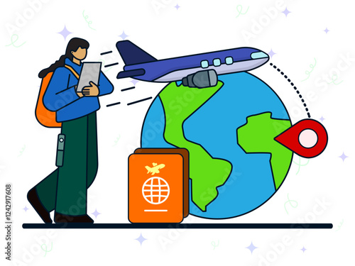 Worldwide travel concept. Woman with luggage cartoon characters. Holiday trip, seasonal vacation trip, journey abroad, passport, GPS, global navigation. 