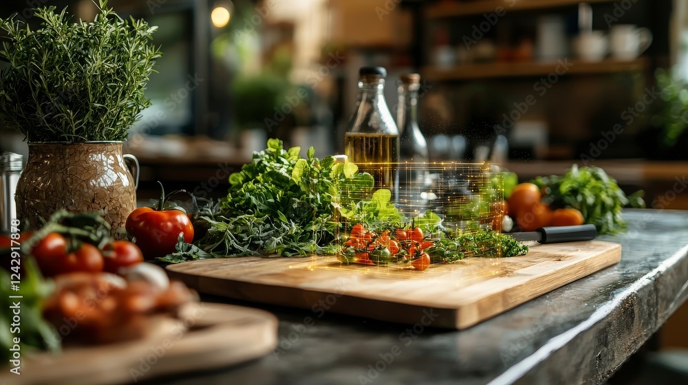 Obraz premium Fresh Ingredients on Kitchen Counter with Herbs, Vegetables, and Olive Oil for Healthy Cooking