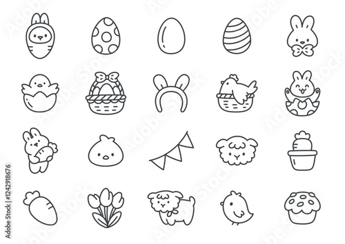 Kawaii easter icon set. Collection of cute monochrome hand drawn illustrations (chocolate eggs, chicken, bunny, lamb, cupcake etc.) isolated on a white background. Spring holiday stickers. 