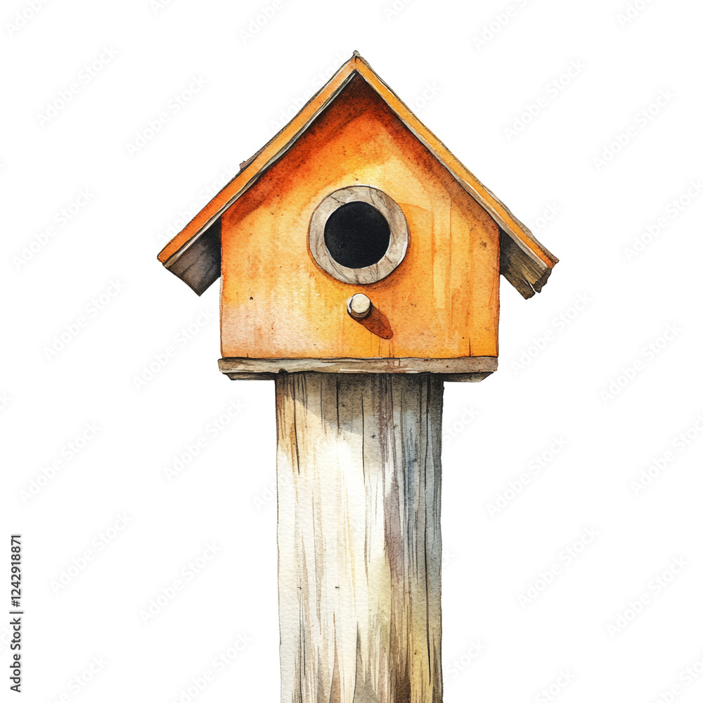 Naklejka premium A watercolor painting depicts a small orange birdhouse mounted on a weathered wooden post against a black background.
