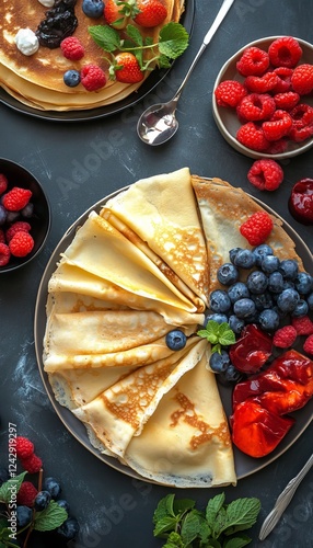 Delightful shrove tuesday table displaying thin french crepes with a colorful array of toppings photo