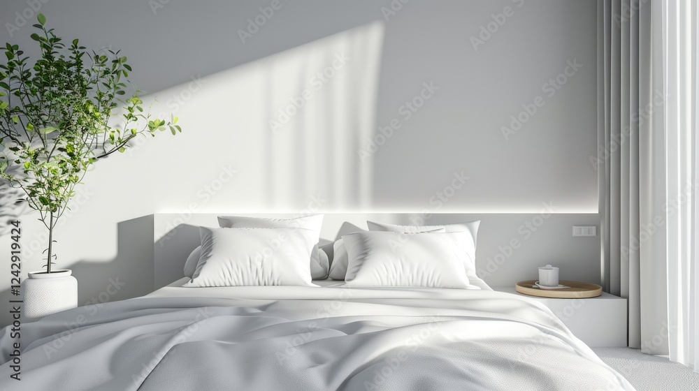 Elegant bedroom with plush white bedding near green plant and tray on white wall