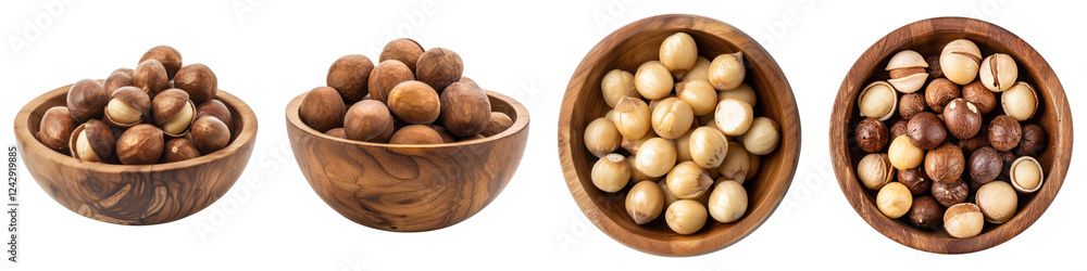 Macadamia in a wooden bowl isolated on transparent background, PNG, Set of