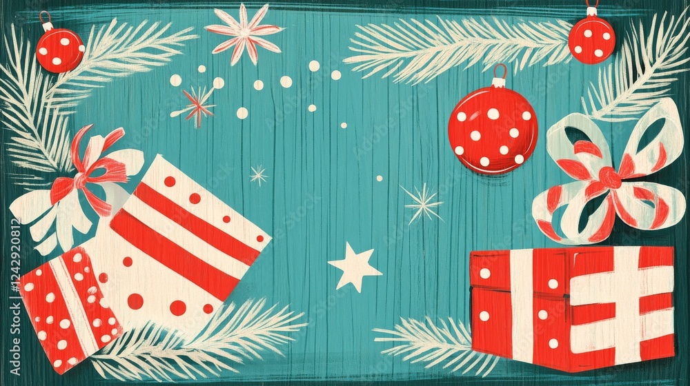 Obraz premium Seasonal illustration design, turquoise woodgrain texture, white pine needle border, striped and polka dot gift boxes, traditional red ornaments, peppermint candy elements, starlight accents, playful
