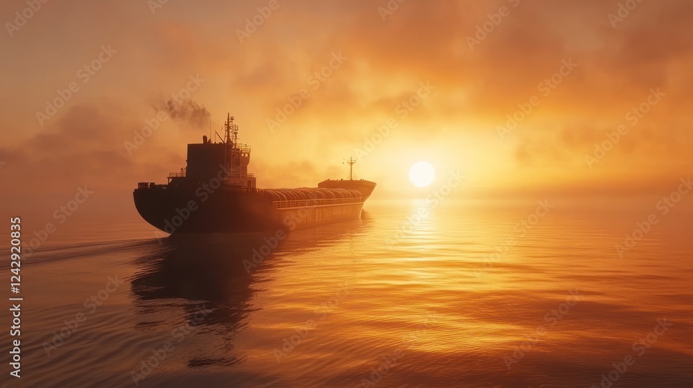 Cargo Ship Sailing at Golden Sunset Ocean Cargo Ship Sailing at Golden Sunset Ocean