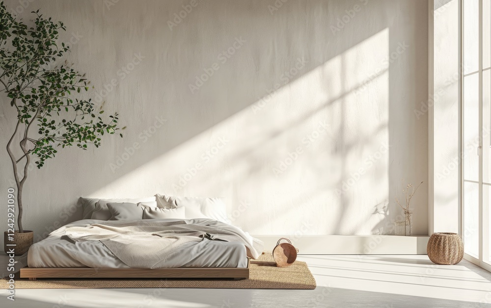 Minimal Bedroom Interior with Low Platform Bedding Near Houseplant Potted on Beige Wall