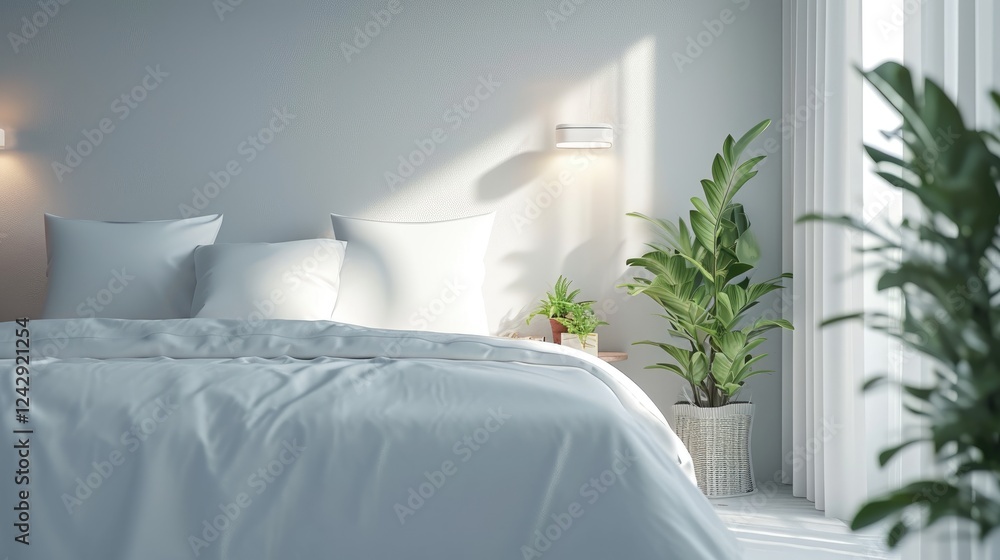 Serene Minimalist Bedroom With White Bed near Green Houseplant in Morning Sunlight