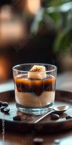 Glass of Japanese Kohi Jelly, elegantly layered with translucent brewed coffee jelly and smooth, chilled coffee. background of a traditional Japanese cafe photo