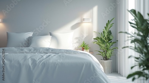 Obraz na płótnie Serene Minimalist Bedroom With White Bed near Green Houseplant in Morning Sunlight w salonie