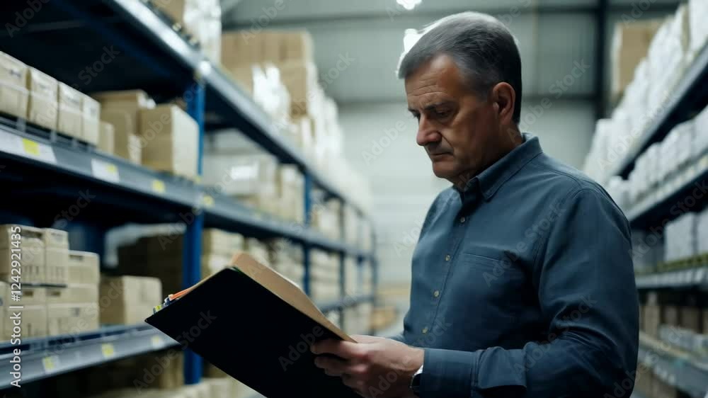 A middle-aged Caucasian man stands in a warehouse with a clipboard. The man carefully inspects inventory records on his clipboard, maintaining order in the warehouse. A middle-aged Caucasian man stands in a warehouse with a clipboard. The man carefully inspects inventory records on his clipboard, maintaining order in the warehouse.