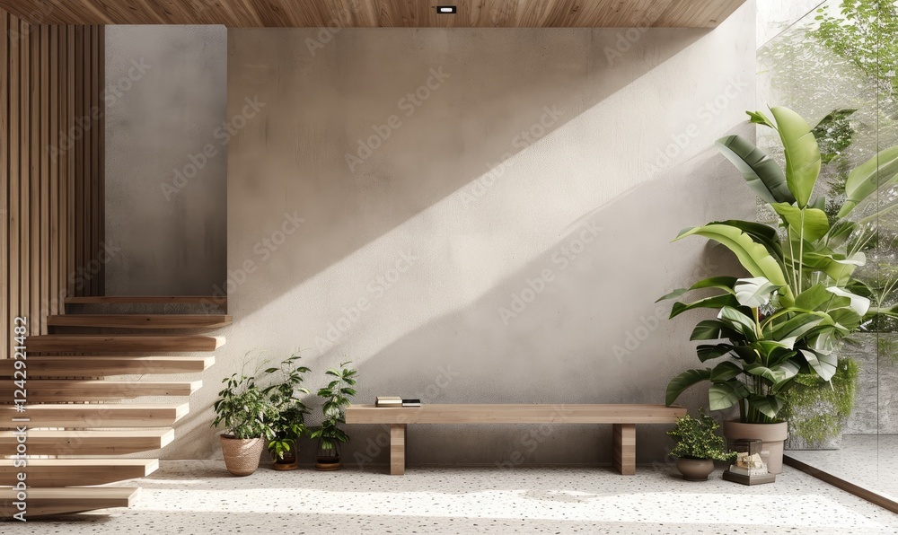 Contemporary entryway with a wooden staircase and a simple bench near potted plants against a textured concrete wall bathed in sunlight.