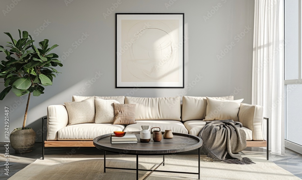 Minimalist living room with an ivory sofa with cushions and wooden coffee table and abstract wall art on a grey wall background.