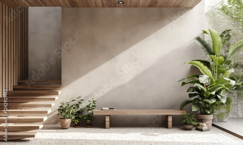 Obraz na płótnie Contemporary entryway with a wooden staircase and a simple bench near potted plants against a textured concrete wall bathed in sunlight. w salonie