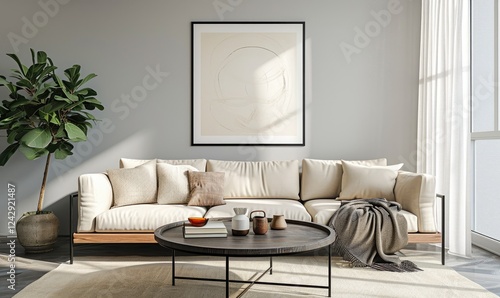 Obraz na płótnie Minimalist living room with an ivory sofa with cushions and wooden coffee table and abstract wall art on a grey wall background. w salonie