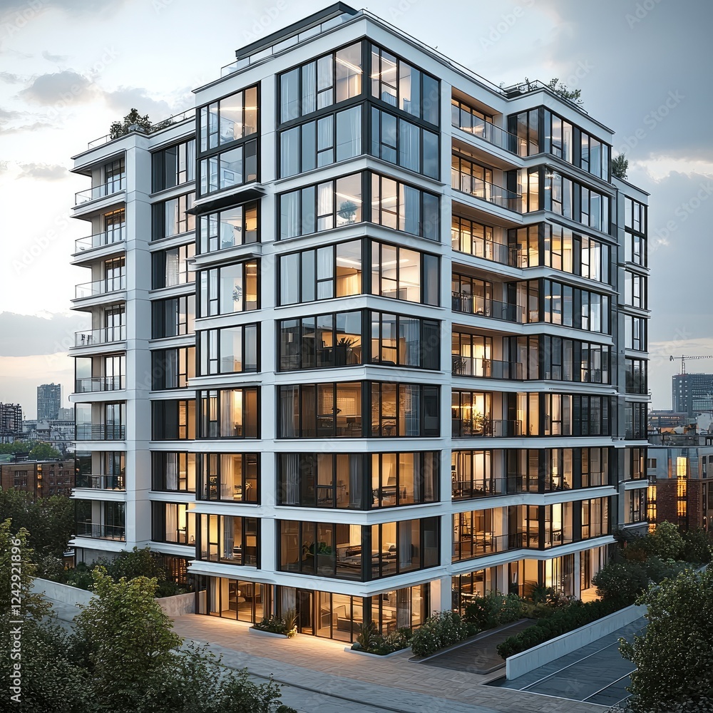 3D-rendered architectural visualization of a modern mixed-use development, featuring three mid-rise buildings with sleek white facades and glass windows. The tallest building has a penthouse level .