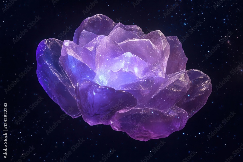 Fototapeta premium bioluminescent crystal flower with translucent petals emitting ethereal purple light, floating against dark space background