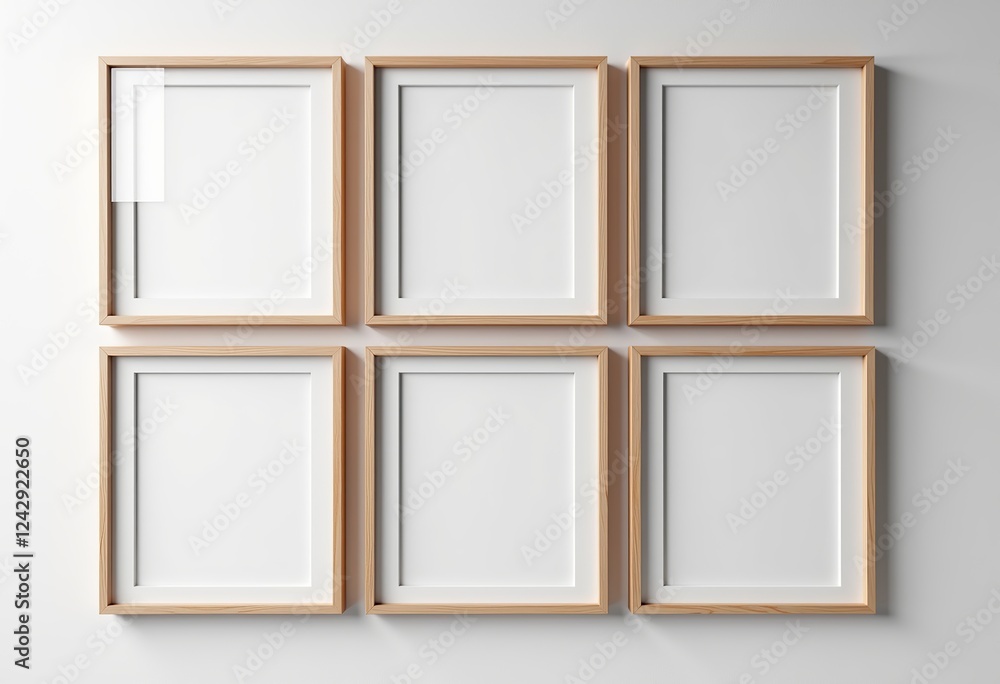 Fototapeta premium Six Light Wood Frames Mockup, Vertical Posters, White Background, Minimal Interior, Modern Art Display, Blank Template for Graphics & Text, Clean Style, Realistic Look 