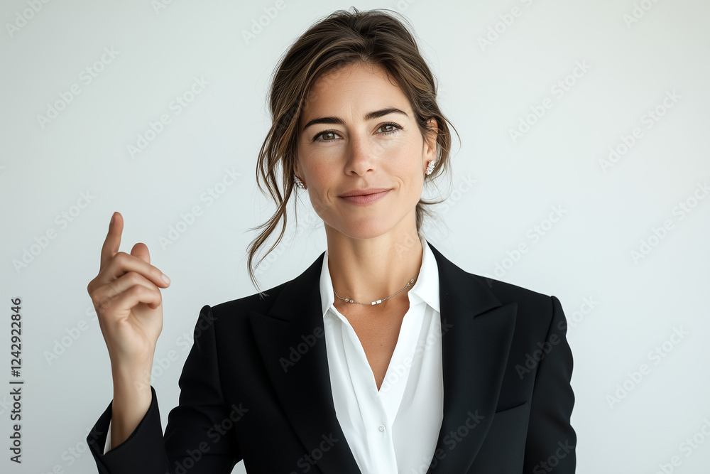 A professional European businesswoman in a tailored black blazer, white blouse, elegant minimal jewelry, making a confident hand gesture and friendly expression, isolated white background A professional European businesswoman in a tailored black blazer, white blouse, elegant minimal jewelry, making a confident hand gesture and friendly expression, isolated white background