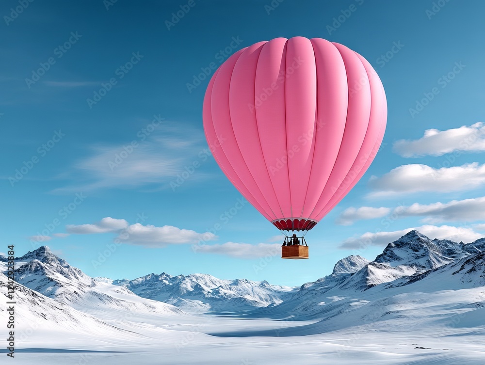 A pink hot air balloon flying over a snowy mountain range A pink hot air balloon flying over a snowy mountain range