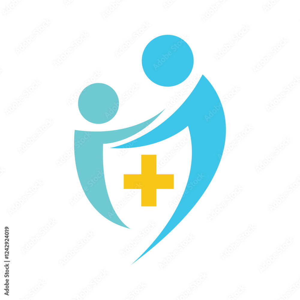 Medical healthcare logo with abstract people, shield, and cross symbol in blue and yellow Medical healthcare logo with abstract people, shield, and cross symbol in blue and yellow