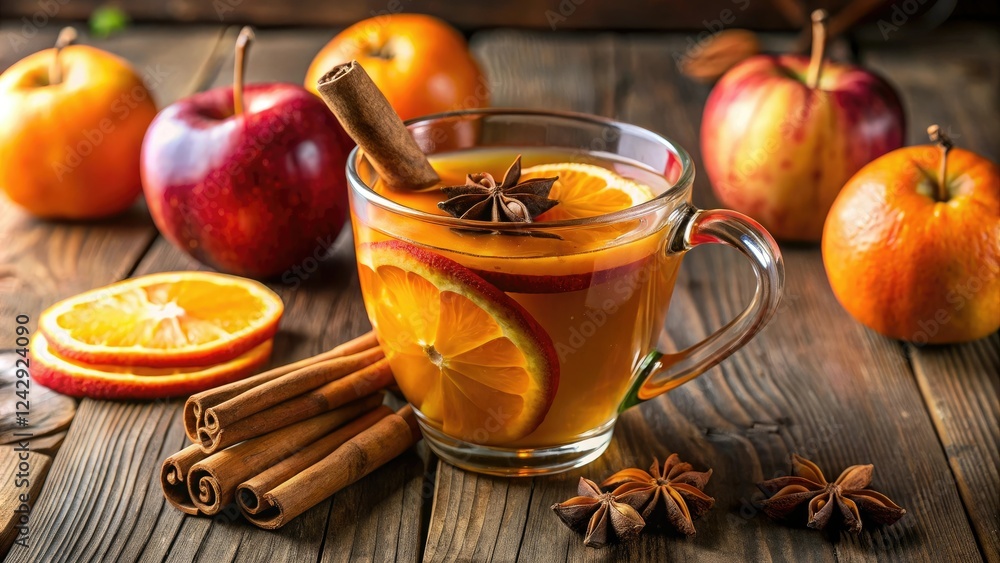 Warm cup of spiced apple cider with cinnamon sticks and a few slices of orange floating on top, food, furniture, autumn Warm cup of spiced apple cider with cinnamon sticks and a few slices of orange floating on top, food, furniture, autumn