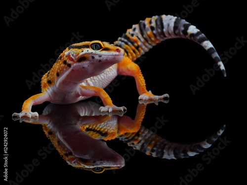 Photos potrait reflection leopard gecko on black background, 05 February 2025 Indonesia