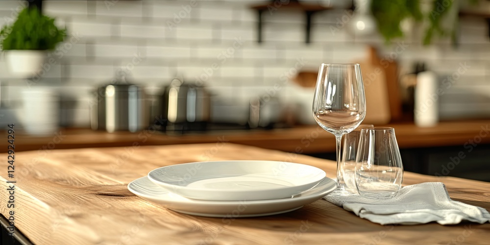 Fototapeta premium Minimalist Kitchen Table Setting with Wine Glass and Plates