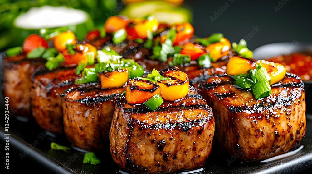Grilled beef medallions with peppers, close-up Grilled beef medallions with peppers, close-up