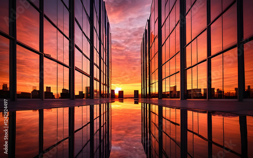 Glass buildings reflecting beautiful sunsets