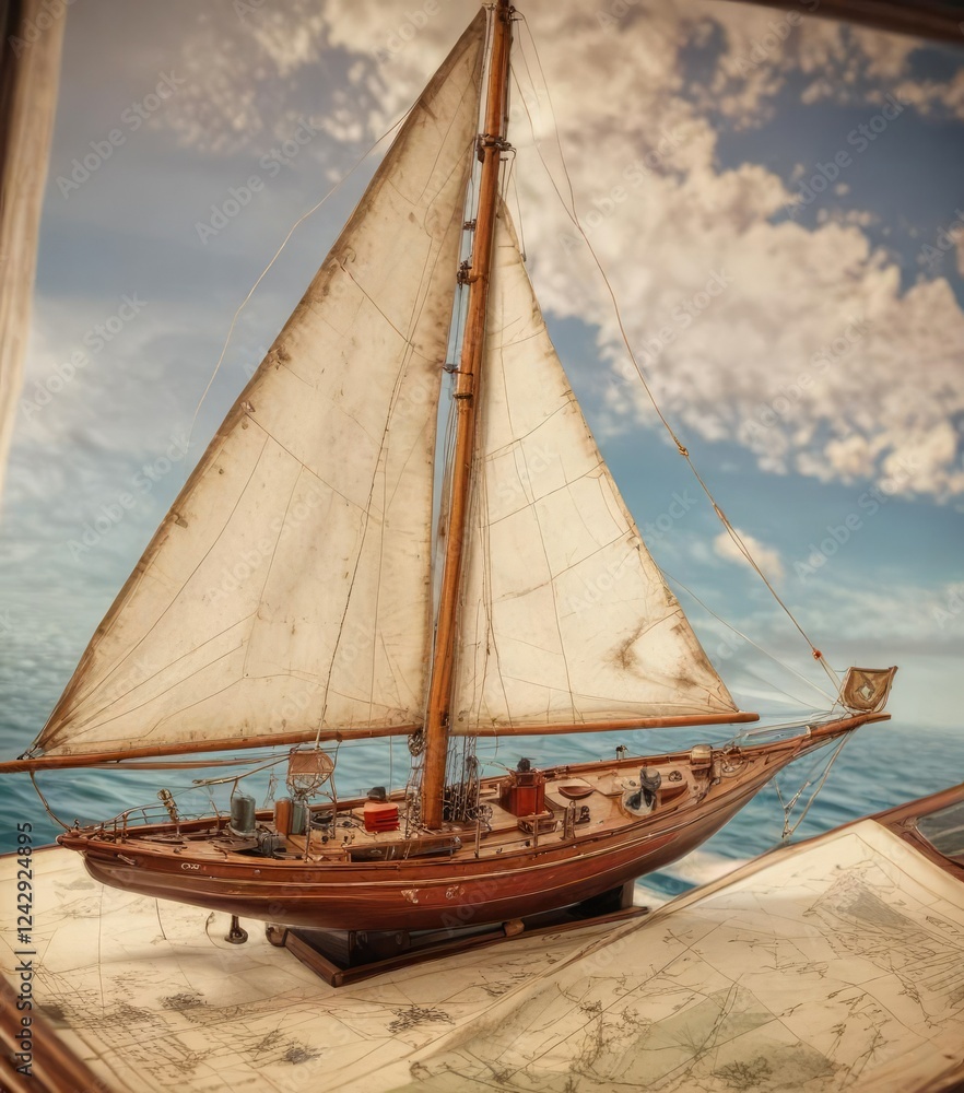 Fototapeta premium Vintage sailboat with a navigational chart on the chart table, ocean waves, sailing boat, vintage sailing yacht