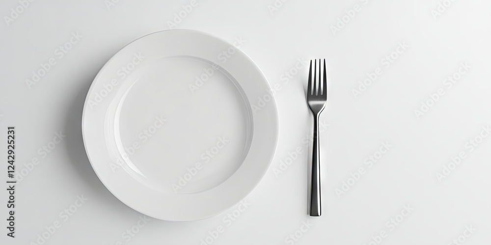 Minimalist White Plate with Fork on White Background Minimalist White Plate with Fork on White Background