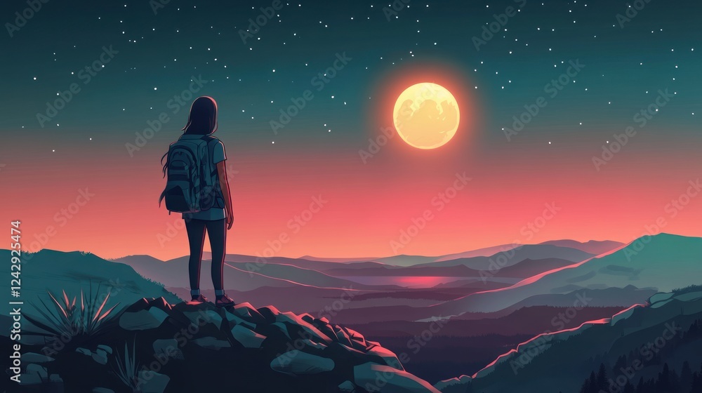 A lone hiker admires a moonlit mountain vista A lone hiker admires a moonlit mountain vista