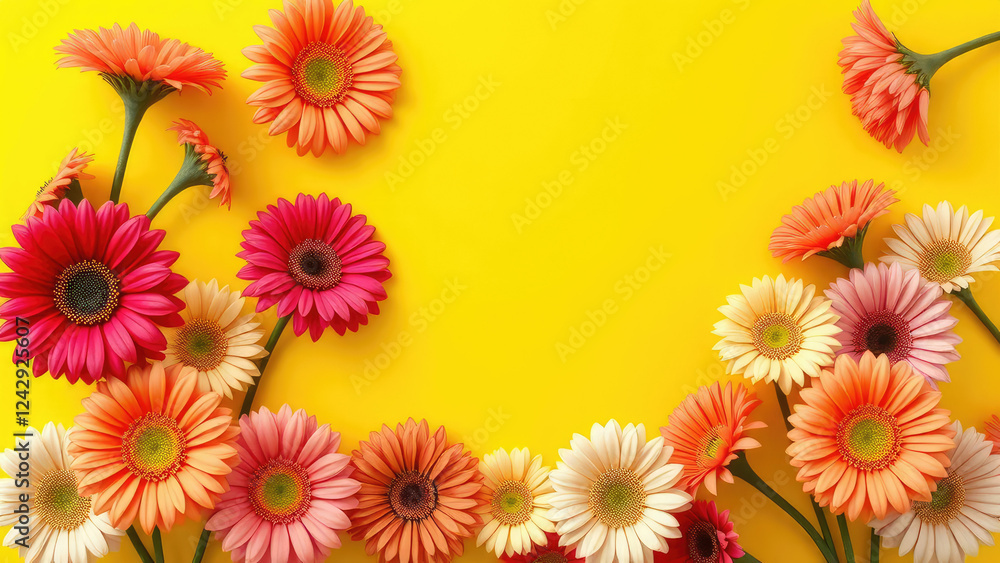 Naklejka premium Vibrant yellow background with frame of colorful gerbera daisies, border, gerbera