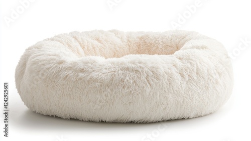Fluffy cream pet bed, studio shot, white background, cozy sleep