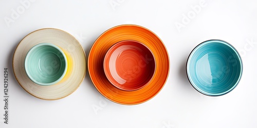 Colorful Ceramic Bowls and Plates on White Background
