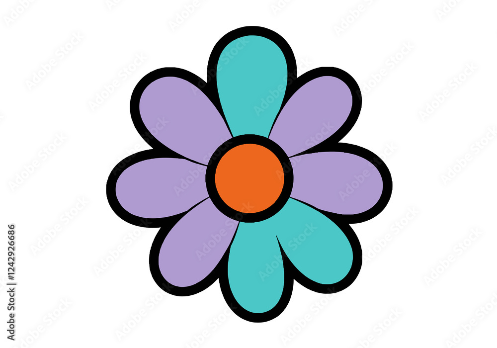 Simple Cute Flower Illustration. This image shows a flower with a central orange circle and alternating purple and teal petals. Vector illustration design. Simple Cute Flower Illustration. This image shows a flower with a central orange circle and alternating purple and teal petals. Vector illustration design.