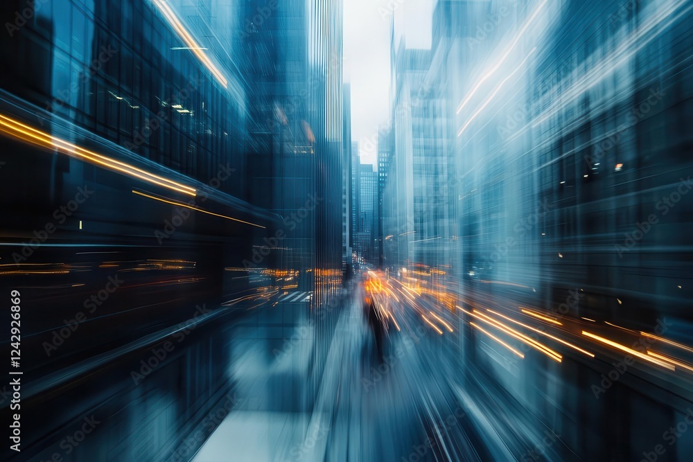blurred urban professionals in motion, cool blue-gray tones, glass office buildings, streaked light trails, atmospheric corporate environment, cinematic composition blurred urban professionals in motion, cool blue-gray tones, glass office buildings, streaked light trails, atmospheric corporate environment, cinematic composition