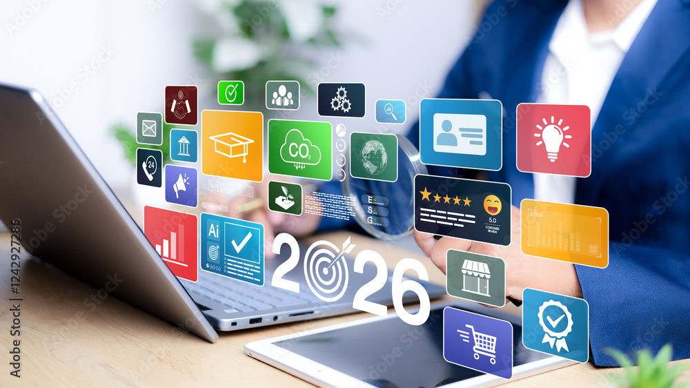 Businessman plan strategy marketing and finance to goal in 2026 planning business growth with technology AI and environmental care to New Year resolutions business.