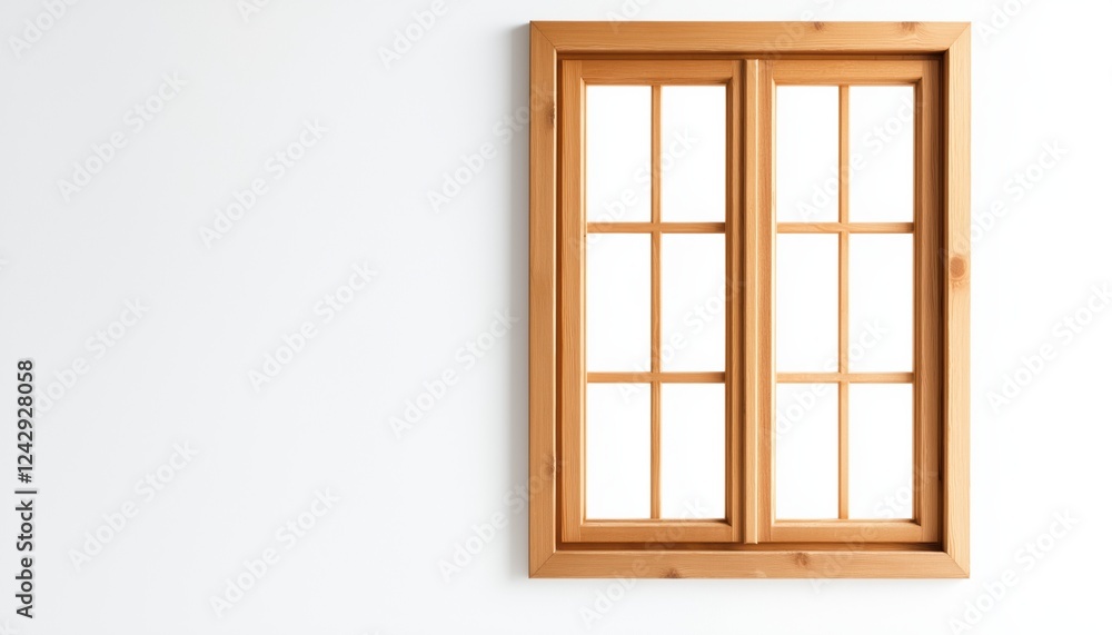 Fototapeta premium Wooden window with multiple panes frames a bright, empty wall in a modern interior setting.