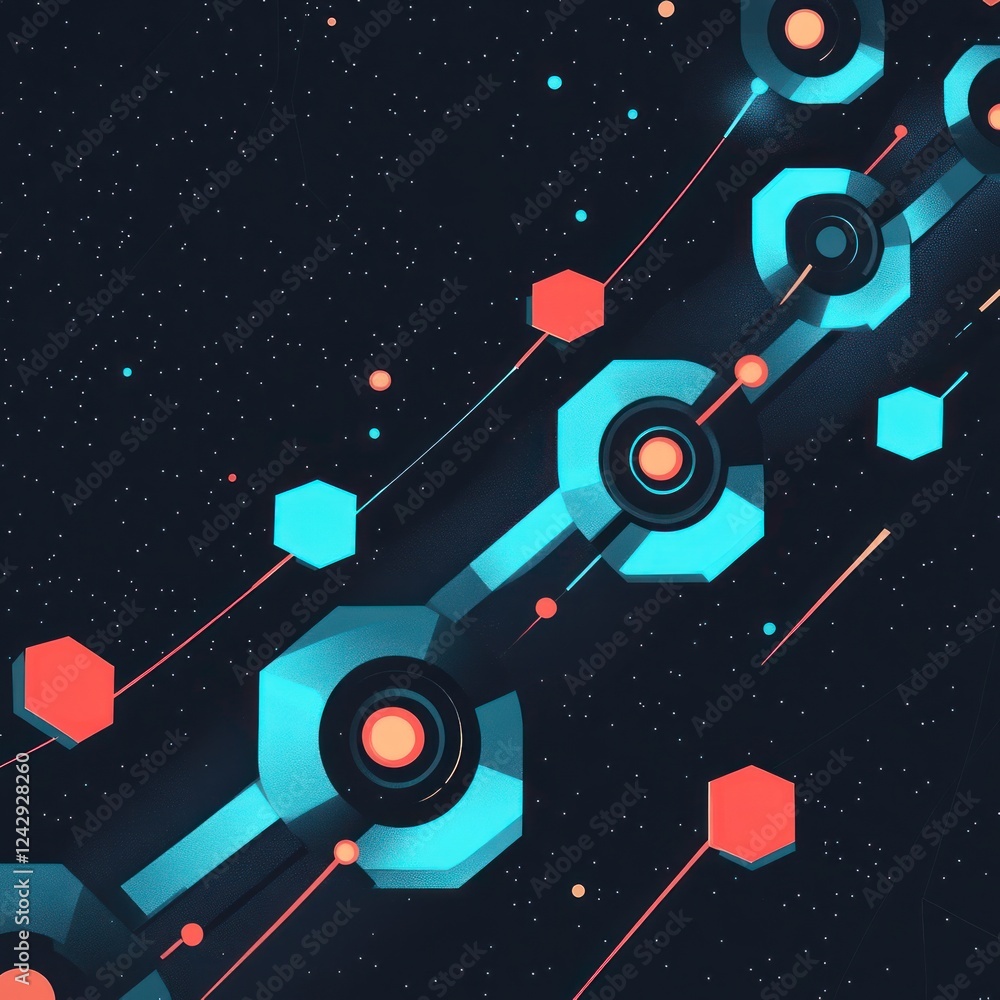 Fototapeta premium Geometric shapes on a diagonal line over a dark background of dots, for technology use