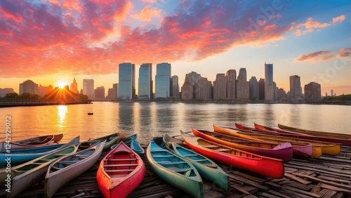 New York City Skyline East River canoes A colorful sunrise in Long Island City.